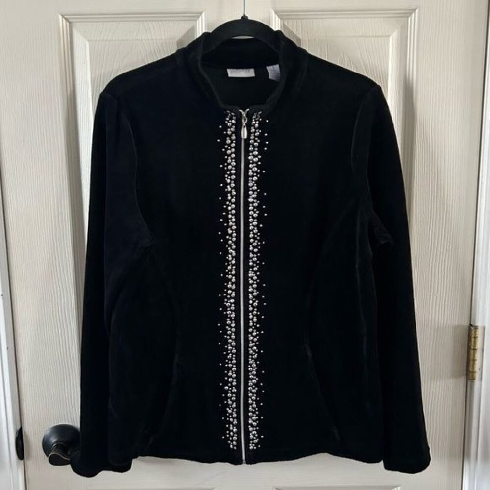 Zenergy by Chico’s Black Velvety Rhinestone Full Zip Jacket, Sz 1 - Picture 2 of 15